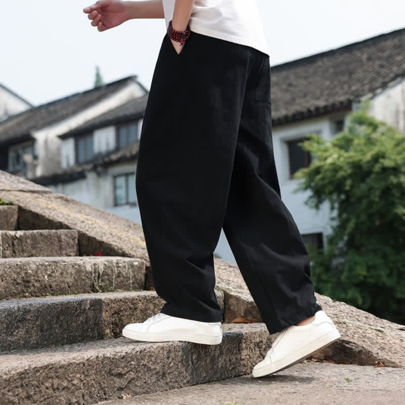 Buddha Stones Summer Casual Minimalist Drawstring Solid Cotton Long Pants Men's Harem Pants With Pocket - image 17