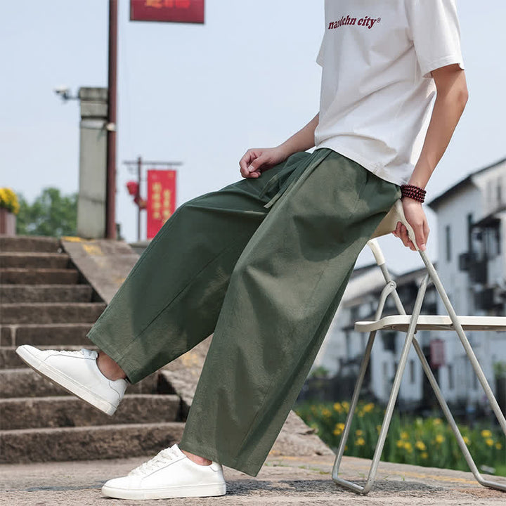 Buddha Stones Summer Casual Minimalist Drawstring Solid Cotton Long Pants Men's Harem Pants With Pocket - image 31
