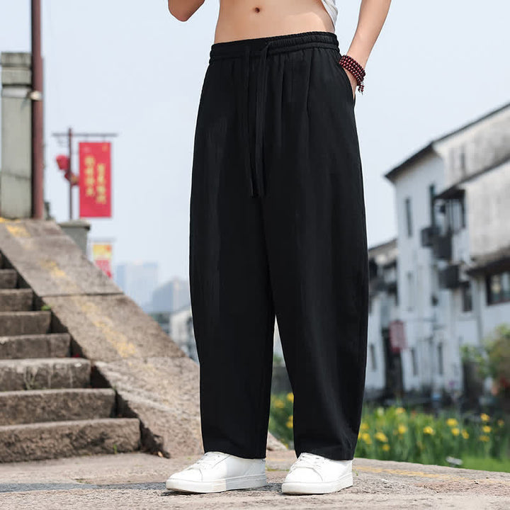 Buddha Stones Summer Casual Minimalist Drawstring Solid Cotton Long Pants Men's Harem Pants With Pocket - image 19
