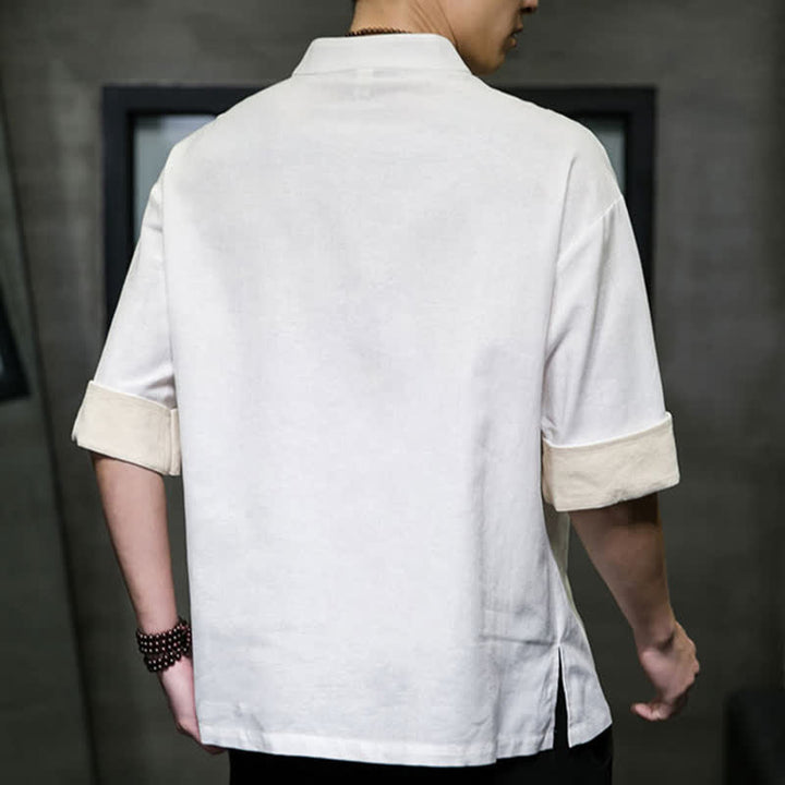 Buddha Stones Summer Tang Style Mandarin Collar Solid Men's Short Sleeve Shirts - image 18