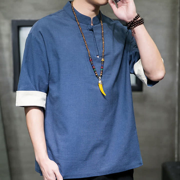 Buddha Stones Summer Tang Style Mandarin Collar Solid Men's Short Sleeve Shirts - image 2