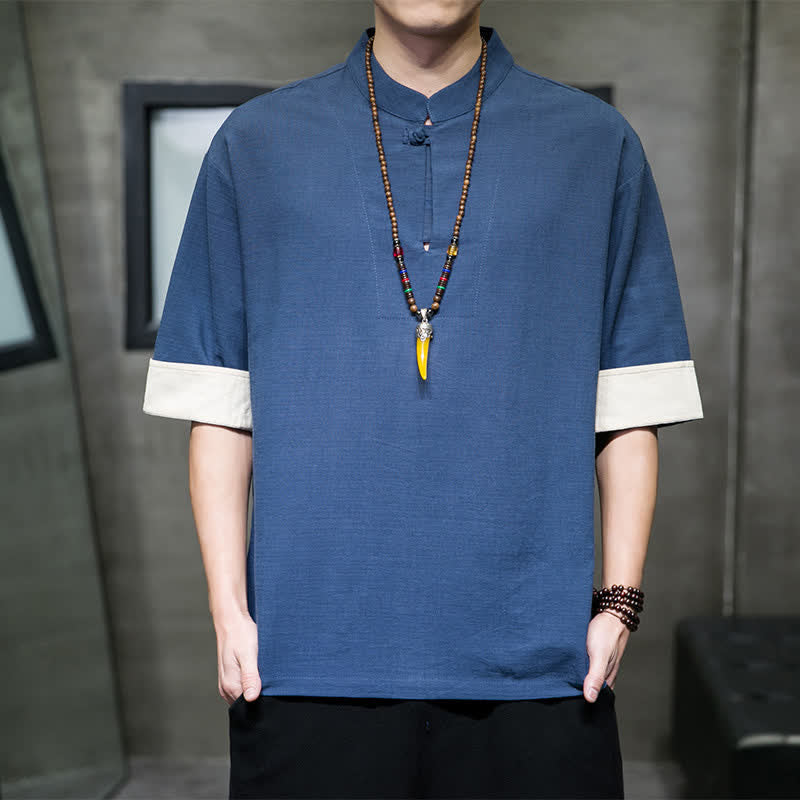Buddha Stones Summer Tang Style Mandarin Collar Solid Men's Short Sleeve Shirts - SteelBlue - US/UK/AU46, EU56 (5XL) - image 0