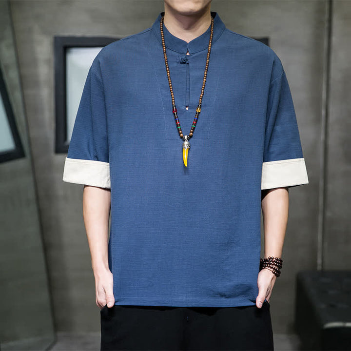 Buddha Stones Summer Tang Style Mandarin Collar Solid Men's Short Sleeve Shirts - SteelBlue - US/UK/AU46, EU56 (5XL) - image 0