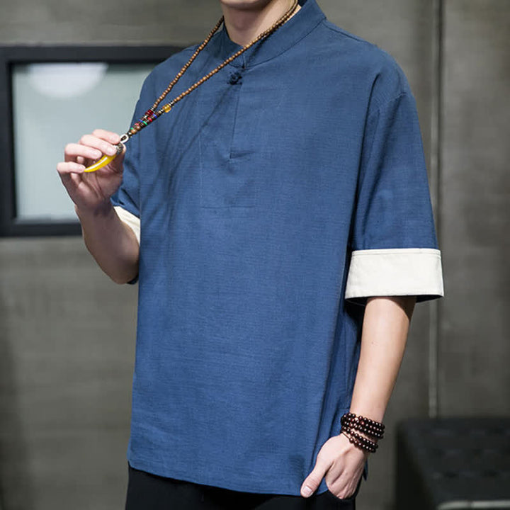 Buddha Stones Summer Tang Style Mandarin Collar Solid Men's Short Sleeve Shirts - image 6