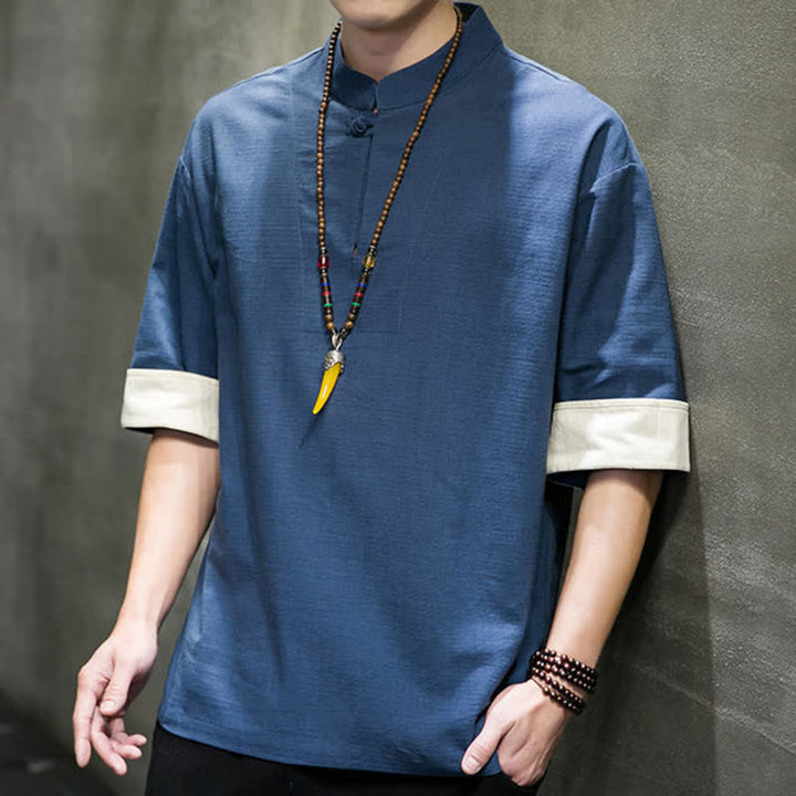 Buddha Stones Summer Tang Style Mandarin Collar Solid Men's Short Sleeve Shirts - image 7