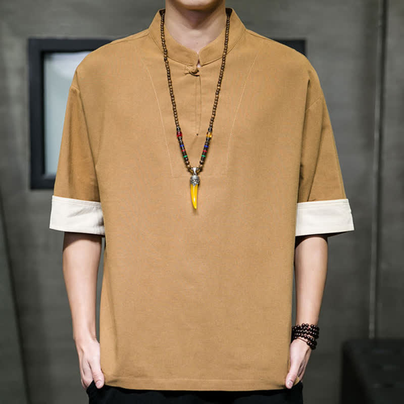 Buddha Stones Summer Tang Style Mandarin Collar Solid Men's Short Sleeve Shirts - Peru - US/UK/AU46, EU56 (5XL) - image 10