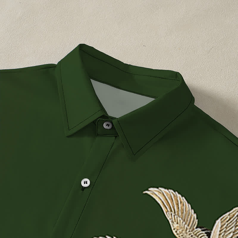 Buddha Stones Crane Lotus Pattern Buttons Breathable Men's Short Sleeve Shirt - image 12