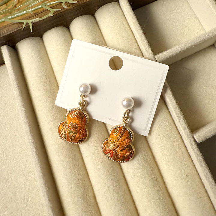 Buddha Stones Song Brocade Pearl Gourd Healing Handmade Stud Dangle Earrings - Orange(Same Color Tone – Pattern Varies) - image 7