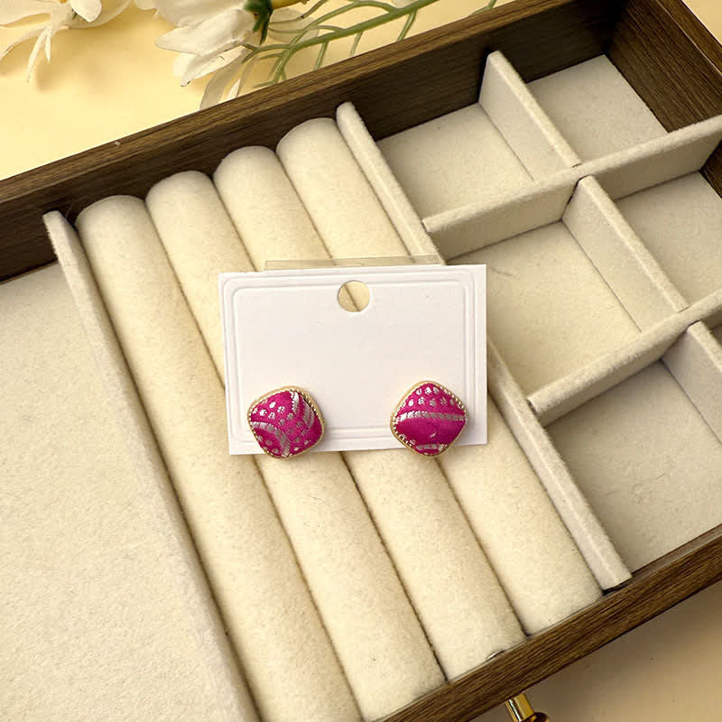 Buddha Stones Handmade Song Brocade Protection Geometric Square Stud Earrings - Plum Red(Same Color Tone – Pattern Varies) - image 7