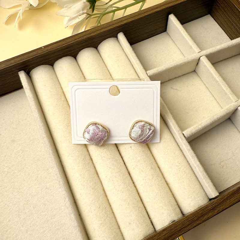 Buddha Stones Handmade Song Brocade Protection Geometric Square Stud Earrings - Gray(Same Color Tone – Pattern Varies) - image 6