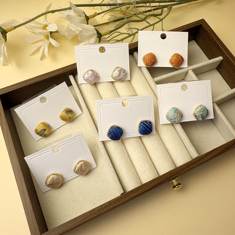 Buddha Stones Handmade Song Brocade Protection Geometric Square Stud Earrings - image 12