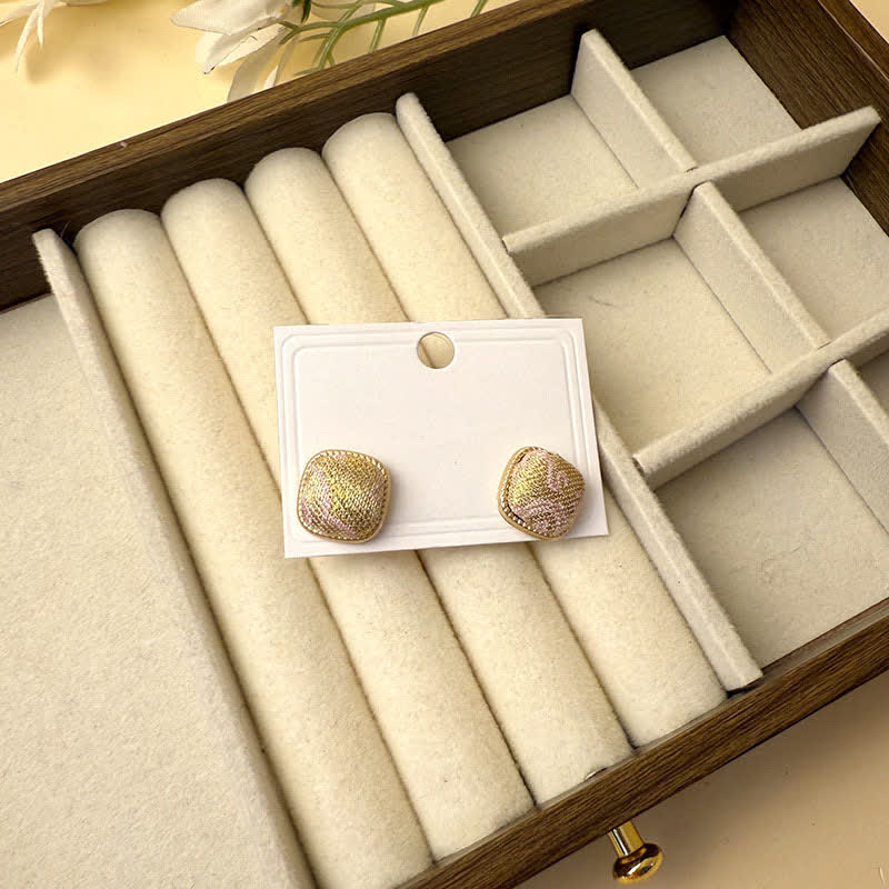 Buddha Stones Handmade Song Brocade Protection Geometric Square Stud Earrings - Gold Pink(Same Color Tone – Pattern Varies) - image 9