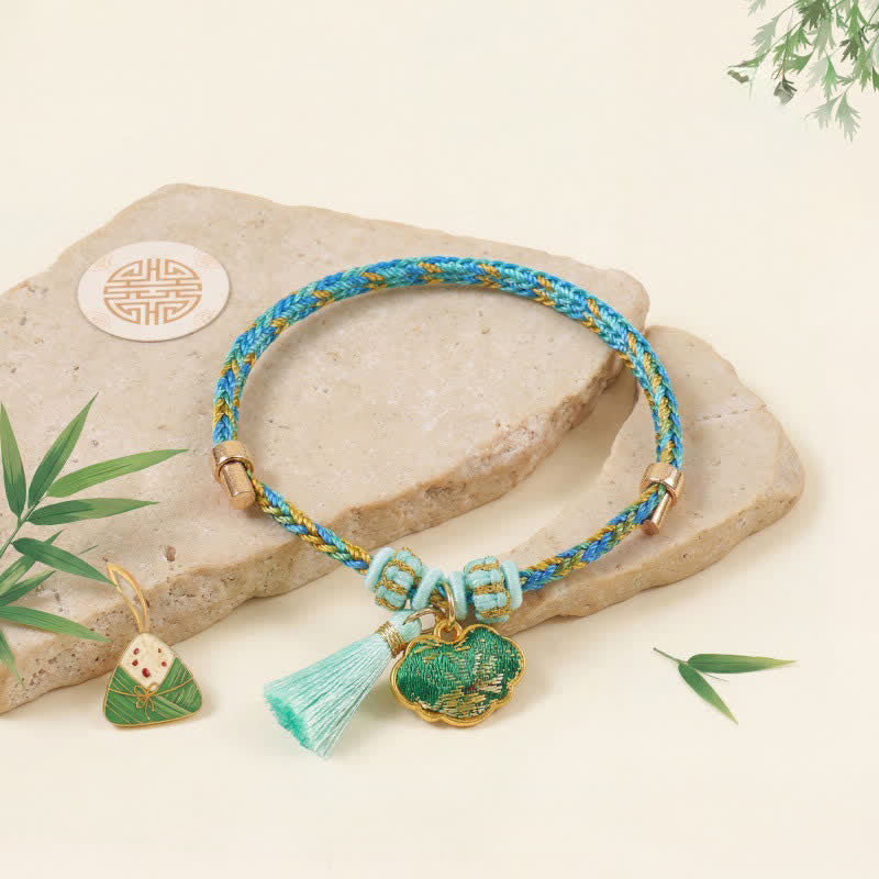 Buddha Stones Hand-Woven Five-Color Cord Luck Green Song Brocade Zongzi Apple Money Bag Chinese Lock Charm Gourd Bracelet - Chinese Lock Charm(Same Color Tone – Pattern Varies) - image 7