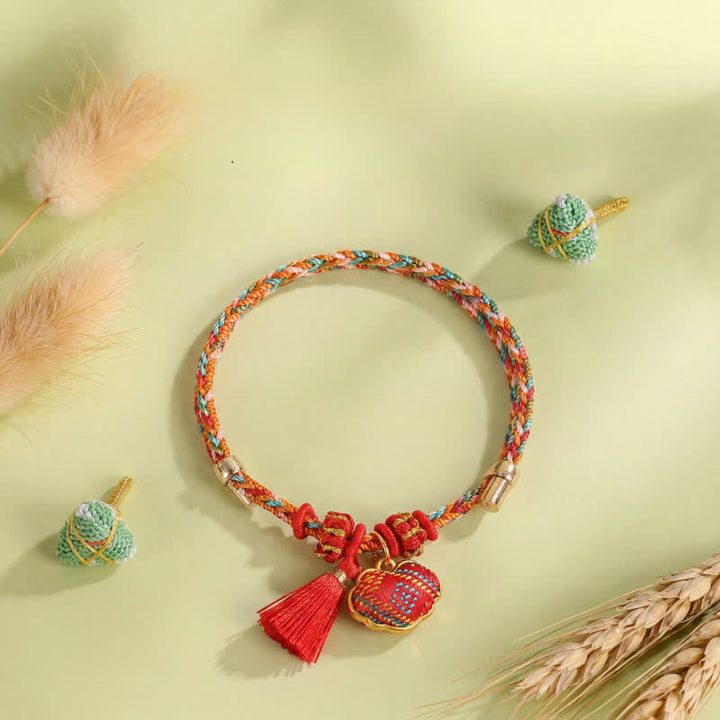 Buddha Stones Handmade Five-Color Cord Luck Red Song Brocade Chinese Lock Charm Apple Money Bag Gourd Zongzi Braided Bracelet - image 3