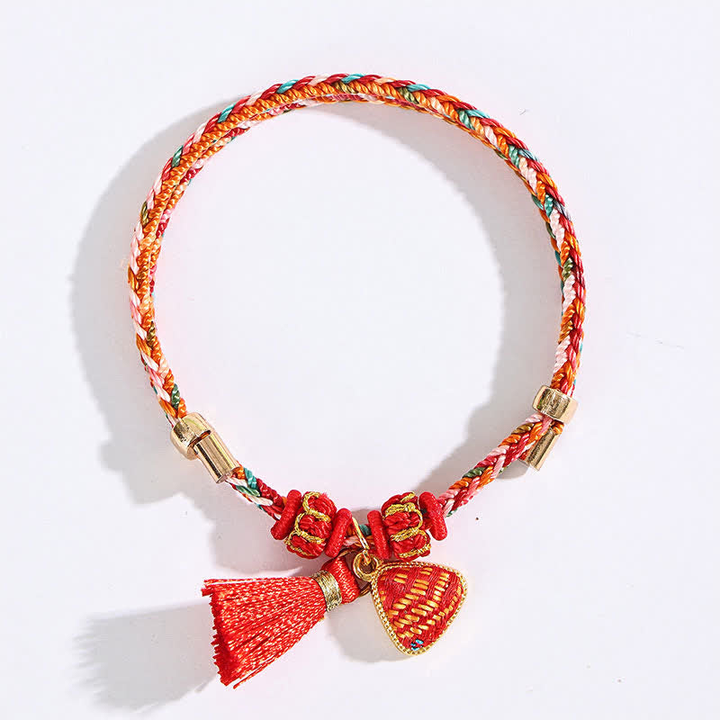 Buddha Stones Handmade Five-Color Cord Luck Red Song Brocade Chinese Lock Charm Apple Money Bag Gourd Zongzi Braided Bracelet - image 18