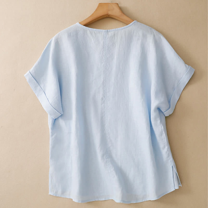 Buddha Stones Summer Casual Minimalist Side Slit Solid V-Neck Women's Short Sleeve T-Shirts - image 1