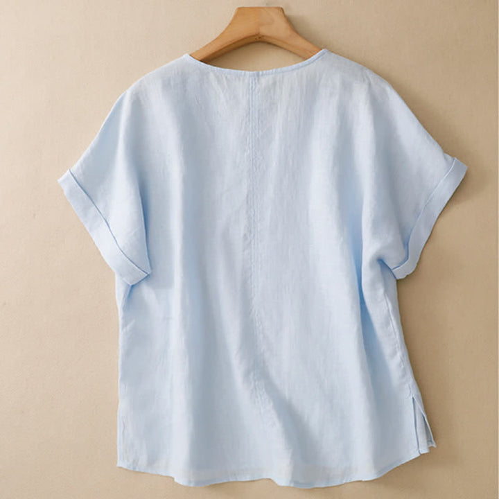 Buddha Stones Summer Casual Minimalist Side Slit Solid V-Neck Women's Short Sleeve T-Shirts - image 1