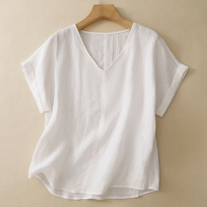 Buddha Stones Summer Casual Minimalist Side Slit Solid V-Neck Women's Short Sleeve T-Shirts - White - US8-10, UK/AU12-14, EU40-42 (2XL) - image 14