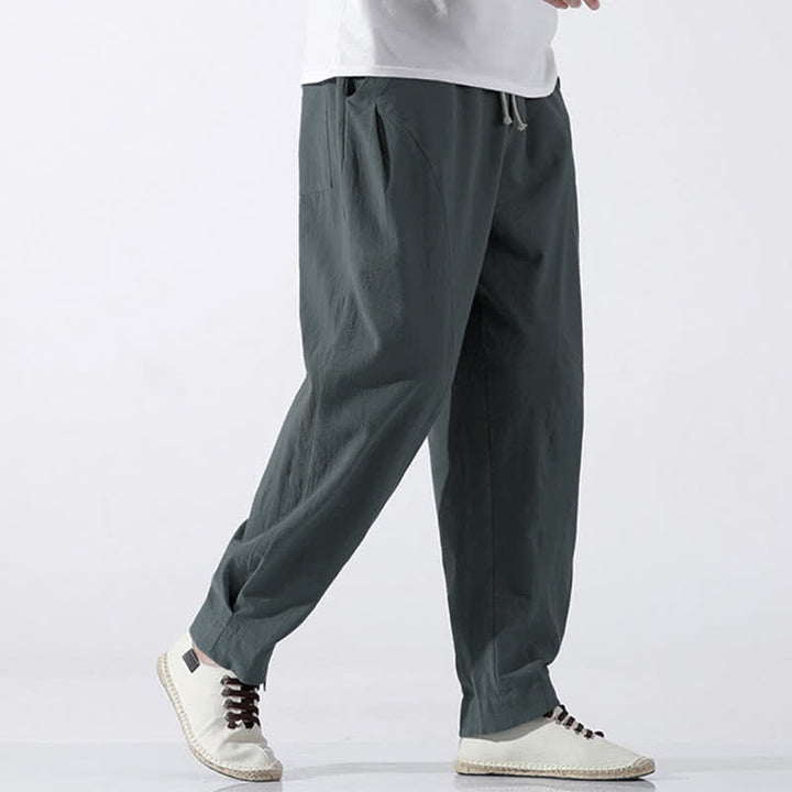 Buddha Stones Summer Casual Minimalist Drawstring Solid Cotton Cropped Pants Men's Harem Pants With Pocket - image 3