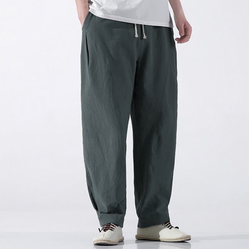 Buddha Stones Summer Casual Minimalist Drawstring Solid Cotton Cropped Pants Men's Harem Pants With Pocket - image 5
