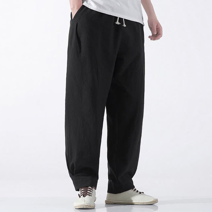 Buddha Stones Summer Casual Minimalist Drawstring Solid Cotton Cropped Pants Men's Harem Pants With Pocket - image 10
