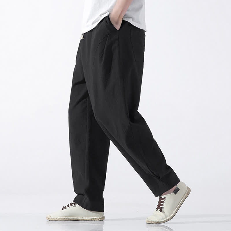 Buddha Stones Summer Casual Minimalist Drawstring Solid Cotton Cropped Pants Men's Harem Pants With Pocket - image 13