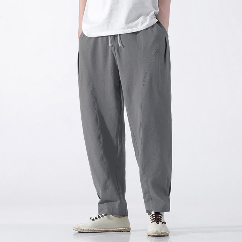 Buddha Stones Summer Casual Minimalist Drawstring Solid Cotton Cropped Pants Men's Harem Pants With Pocket - image 21