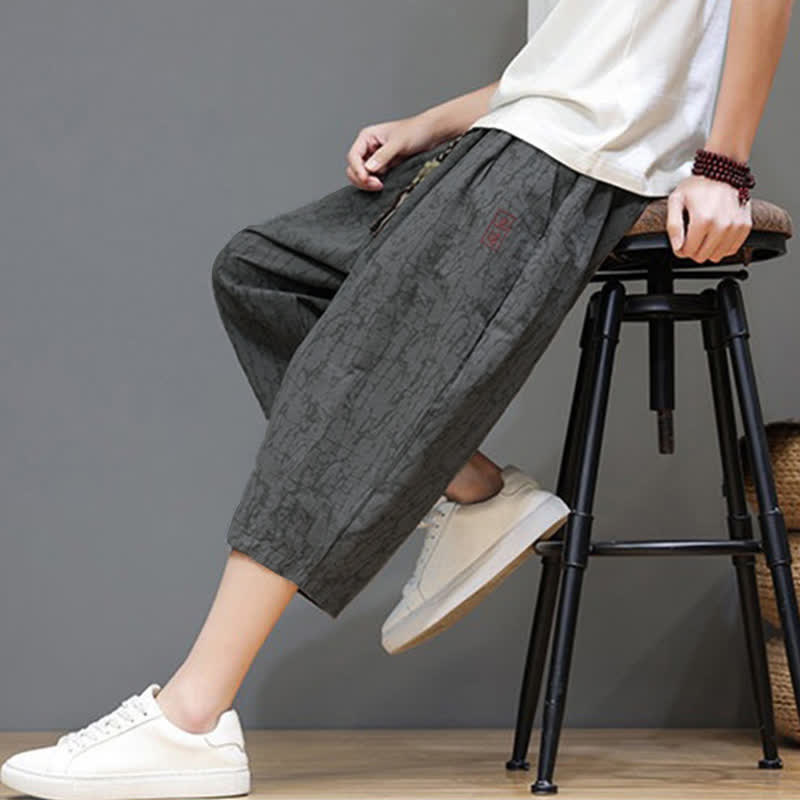 Buddha Stones Summer Casual Vintage Drawstring Abstract Men's Cropped Pants With Pockets - image 9