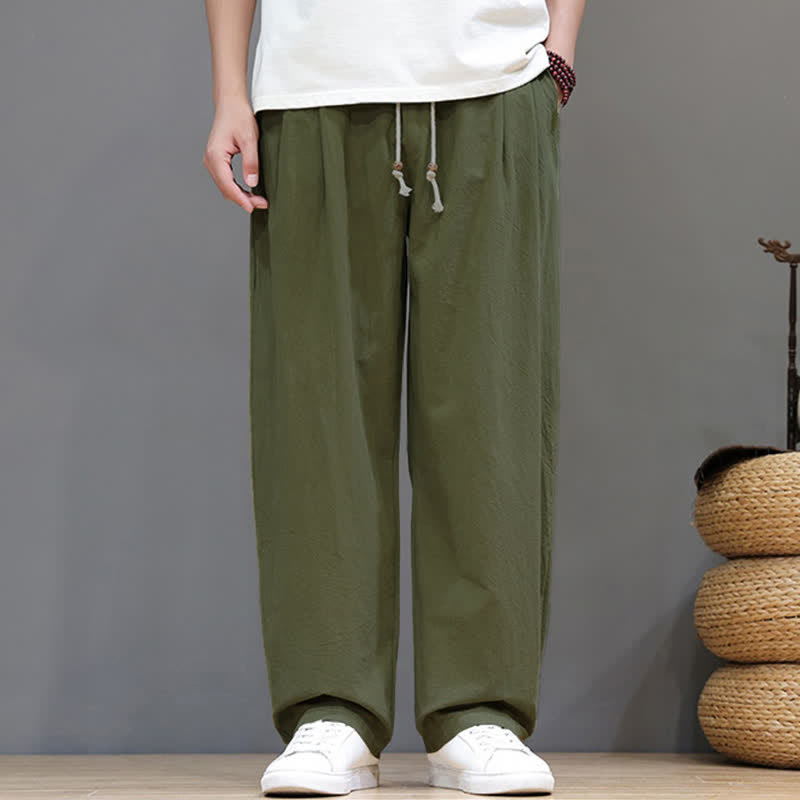 Buddha Stones Summer Casual Vintage Drawstring Solid Cotton Ankle Pants Men's Harem Pants With Pocket - image 1