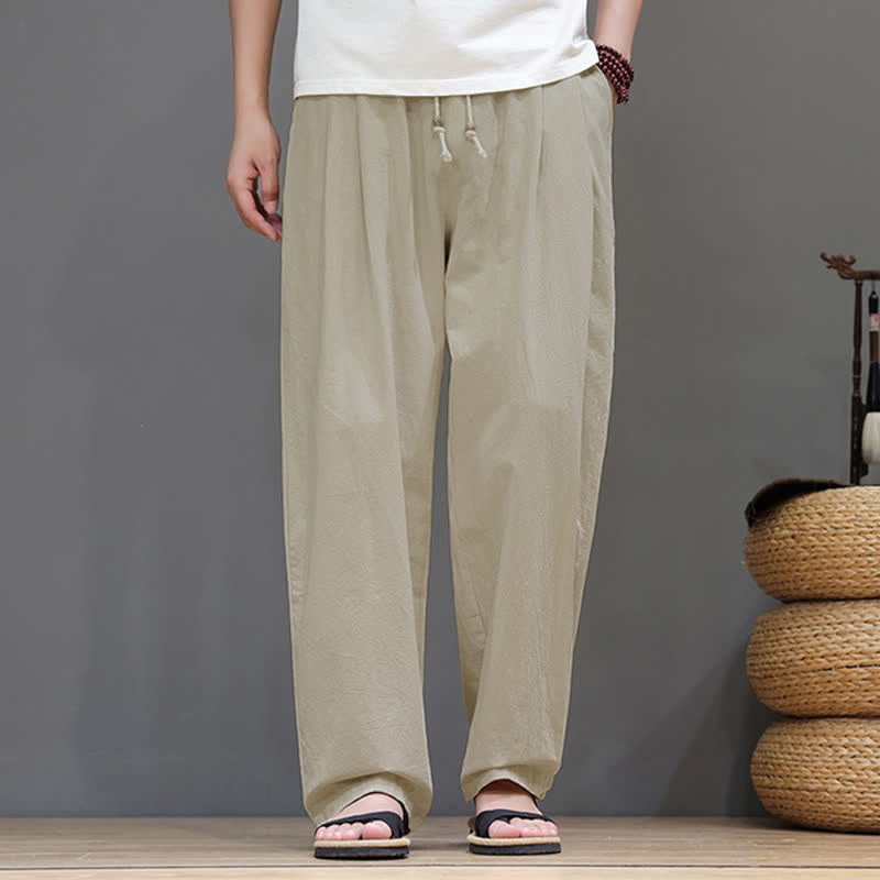 Buddha Stones Summer Casual Vintage Drawstring Solid Cotton Ankle Pants Men's Harem Pants With Pocket - Tan - US/UK/AU48, EU58 (6XL) - image 18