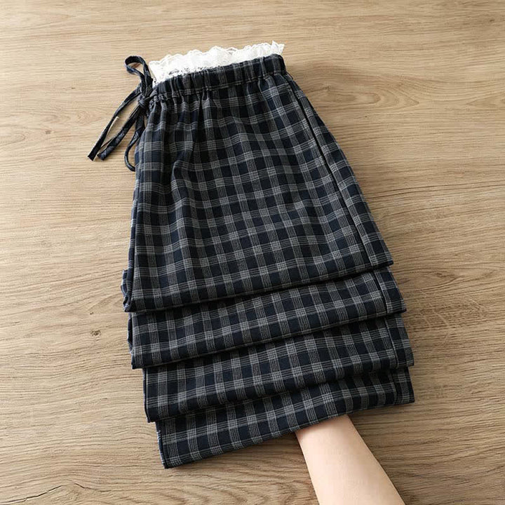 Buddha Stones Summer Casual Vintage Drawstring Plaid Lace Trim Cotton Long Pants Women's Wide Leg Pants With Pockets - image 1