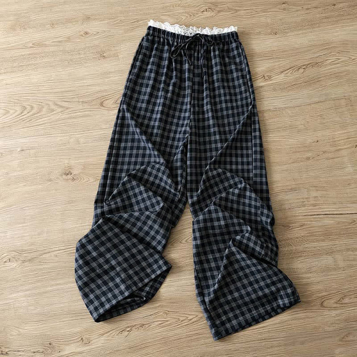 Buddha Stones Summer Casual Vintage Drawstring Plaid Lace Trim Cotton Long Pants Women's Wide Leg Pants With Pockets - Navy - US8-10, UK/AU12-14, EU40-42 (2XL) - image 0