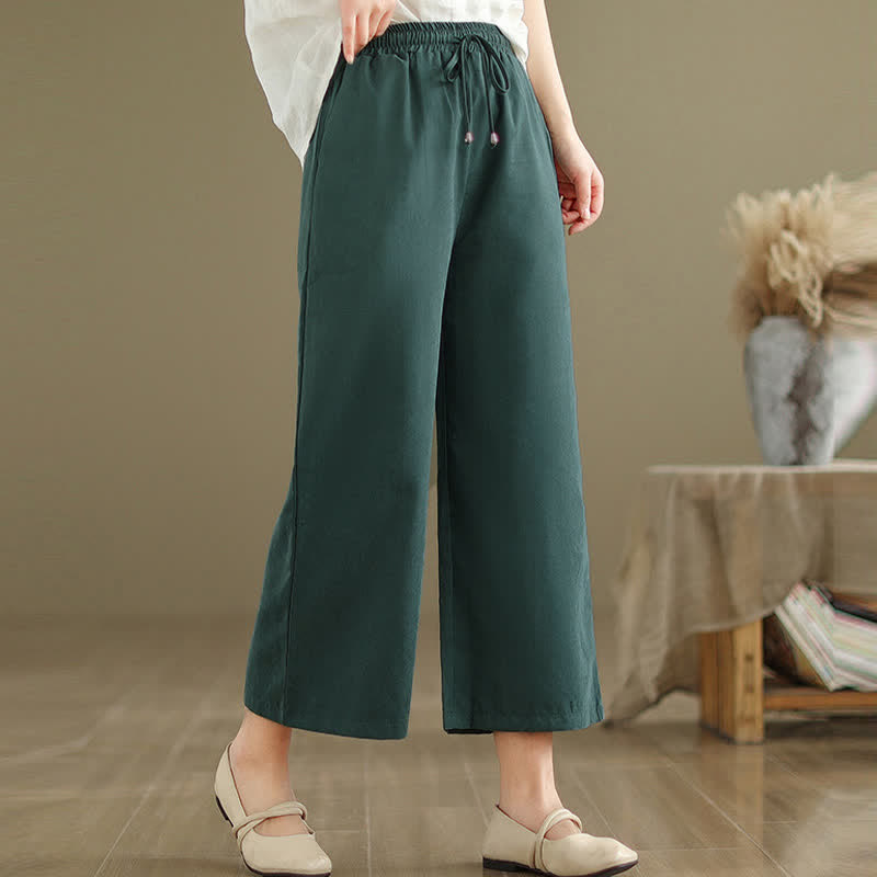 Buddha Stones Summer Casual Minimalist Drawstring Solid Cotton Cropped Pants Women's Wide Leg Pants With Pocket - image 1