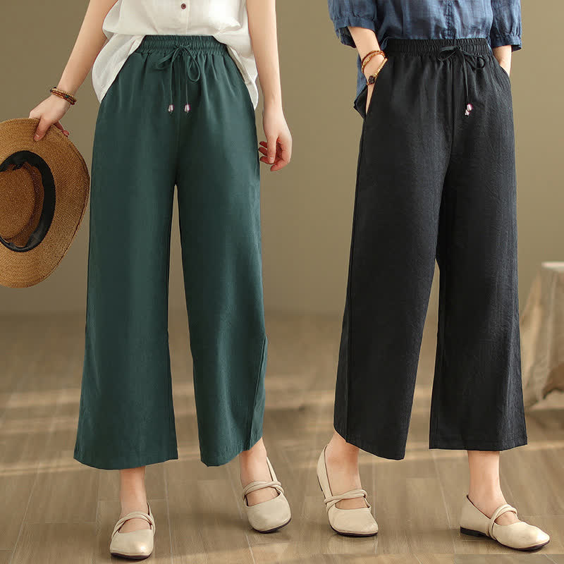 Buddha Stones Summer Casual Minimalist Drawstring Solid Cotton Cropped Pants Women's Wide Leg Pants With Pocket - image 6