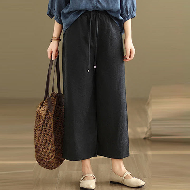 Buddha Stones Summer Casual Minimalist Drawstring Solid Cotton Cropped Pants Women's Wide Leg Pants With Pocket - image 12