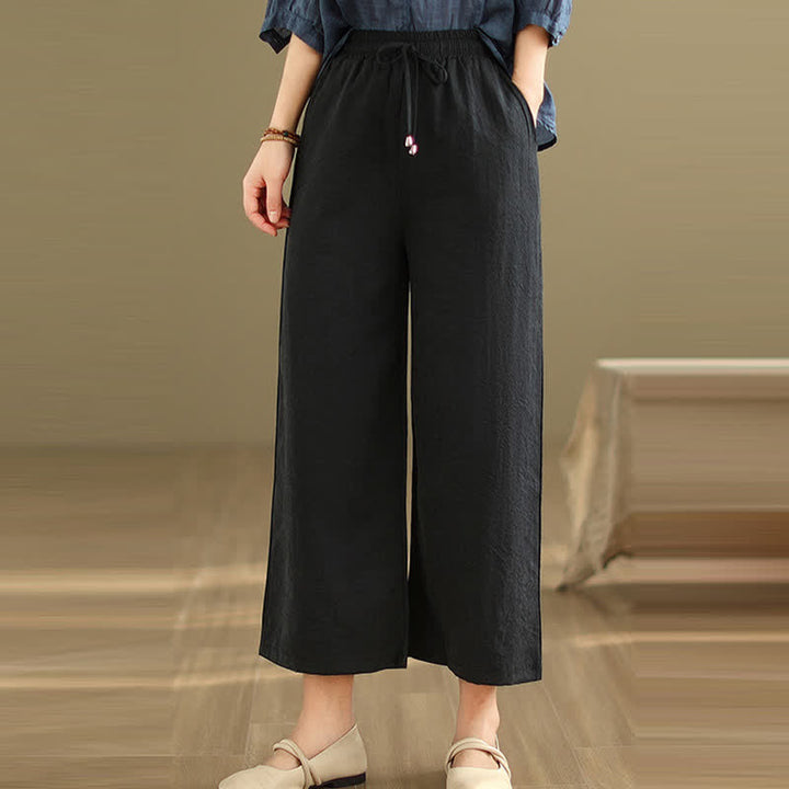 Buddha Stones Summer Casual Minimalist Drawstring Solid Cotton Cropped Pants Women's Wide Leg Pants With Pocket - Black - US8-10, UK/AU12-14, EU40-42 (2XL) - image 7