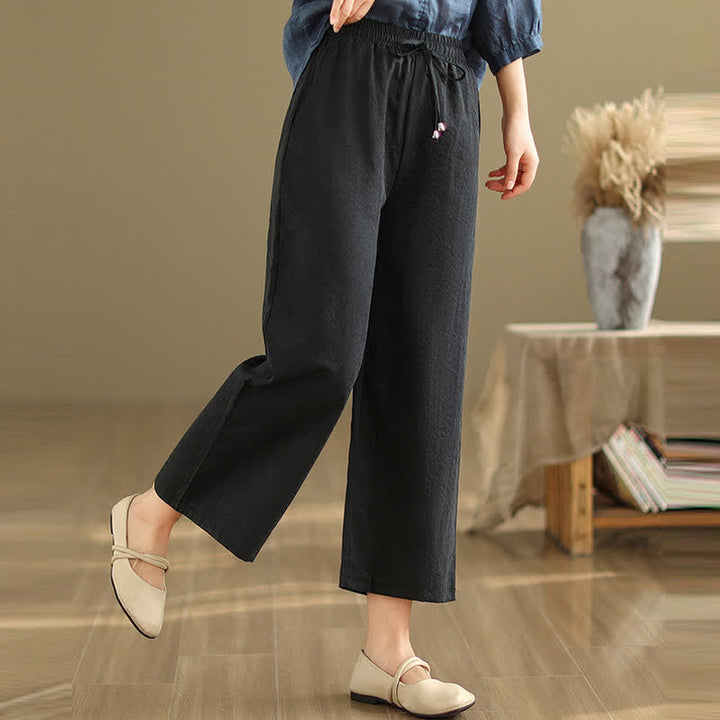 Buddha Stones Summer Casual Minimalist Drawstring Solid Cotton Cropped Pants Women's Wide Leg Pants With Pocket - image 13