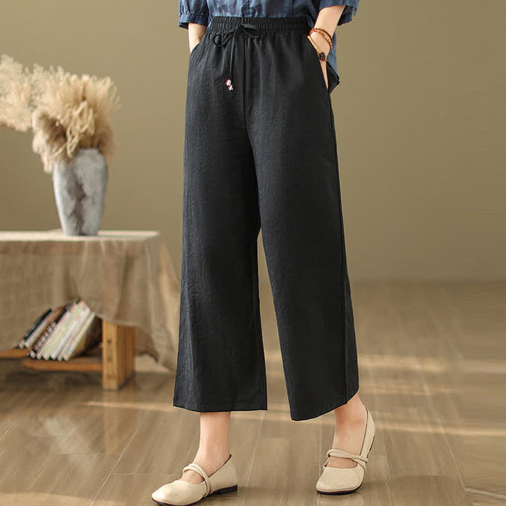 Buddha Stones Summer Casual Minimalist Drawstring Solid Cotton Cropped Pants Women's Wide Leg Pants With Pocket - image 9