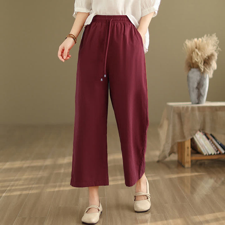 Buddha Stones Summer Casual Minimalist Drawstring Solid Cotton Cropped Pants Women's Wide Leg Pants With Pocket - image 17