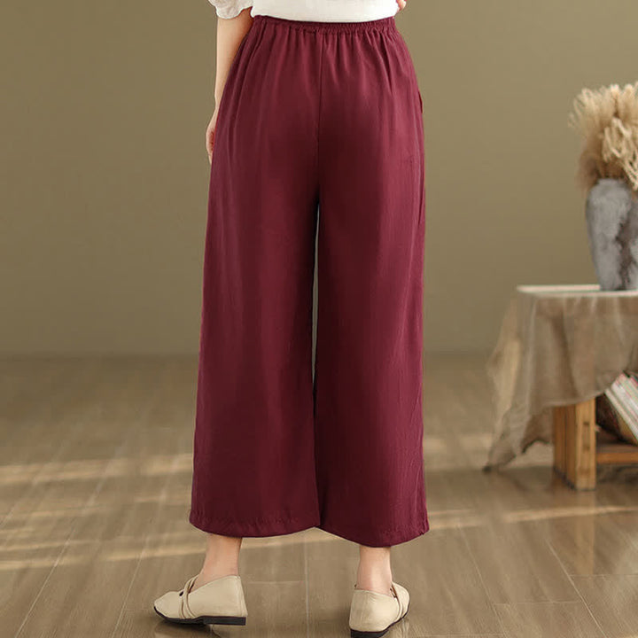 Buddha Stones Summer Casual Minimalist Drawstring Solid Cotton Cropped Pants Women's Wide Leg Pants With Pocket - image 18