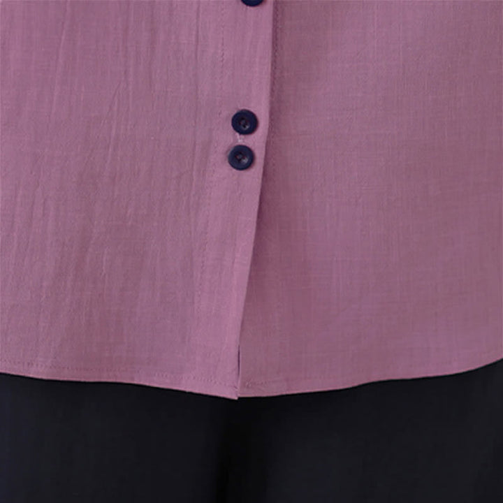 Buddha Stones Summer Elegant Button-Up contrast collar Solid Women's Short Sleeve Shirts - image 9