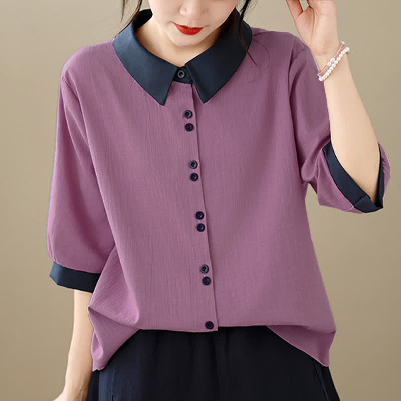 Buddha Stones Summer Elegant Button-Up contrast collar Solid Women's Short Sleeve Shirts - image 5