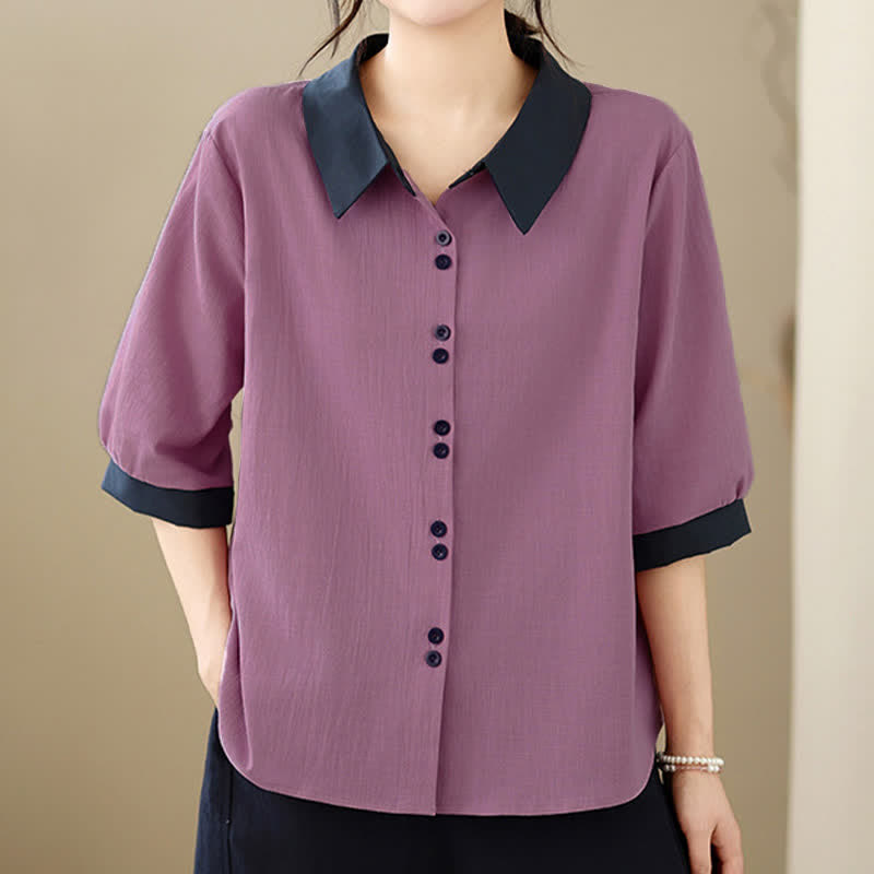 Buddha Stones Summer Elegant Button-Up contrast collar Solid Women's Short Sleeve Shirts - image 2