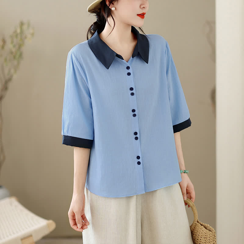 Buddha Stones Summer Elegant Button-Up contrast collar Solid Women's Short Sleeve Shirts - LightSkyBlue - US8-10, UK/AU12-14, EU40-42 (2XL) - image 11