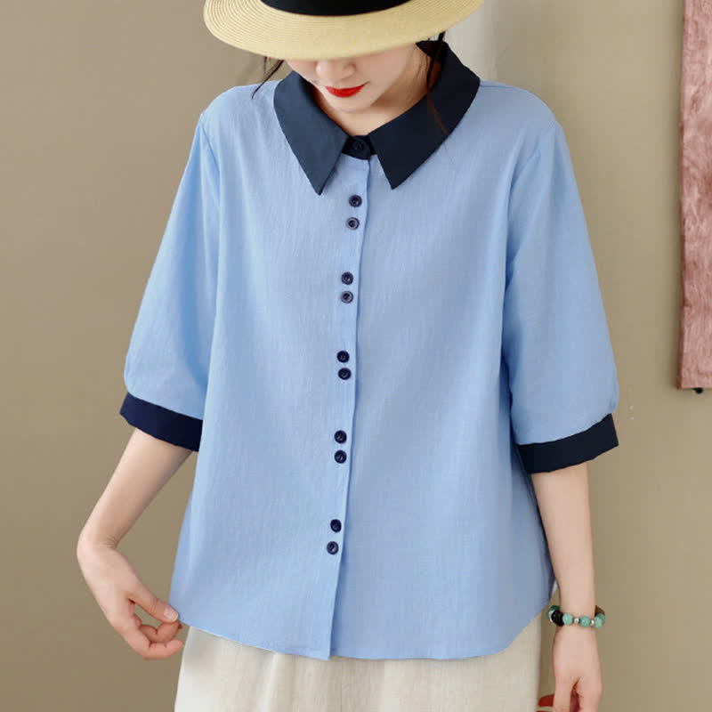 Buddha Stones Summer Elegant Button-Up contrast collar Solid Women's Short Sleeve Shirts - image 15