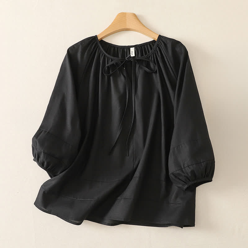 Buddha Stones Summer Boho Drawstring Crew Neck Solid Women's Long Sleeve Shirt - Black - US14, UK/AU18, EU46 (2XL) - image 8
