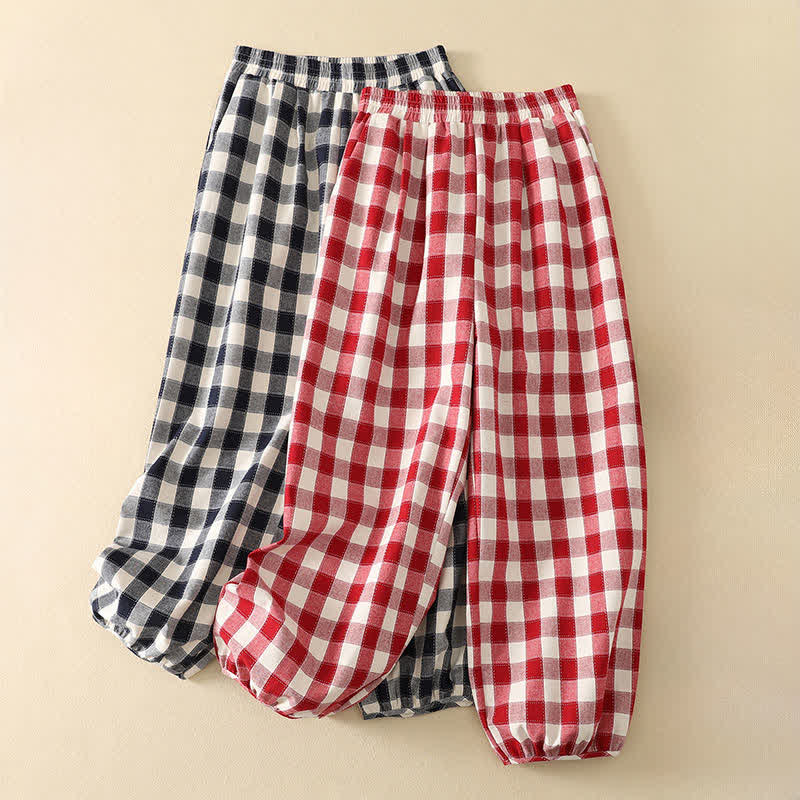 Buddha Stones Summer Casual Classic Plaid Cropped Pants Women's Harem Pants With Pocket - image 13