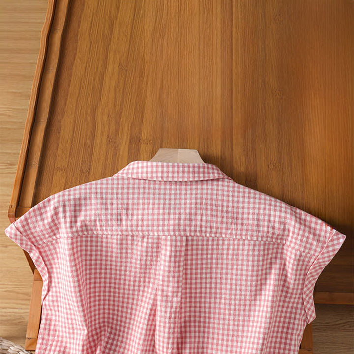 Buddha Stones Summer Casual Vintage Button-Up Plaid Women's Sleeveless Shirts Tank Top - image 3