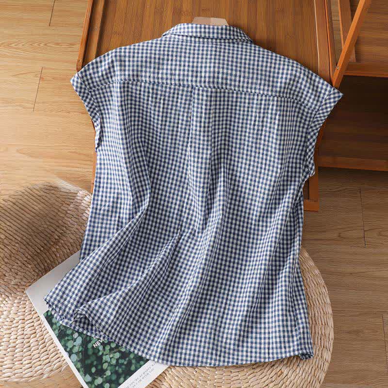 Buddha Stones Summer Casual Vintage Button-Up Plaid Women's Sleeveless Shirts Tank Top - image 8