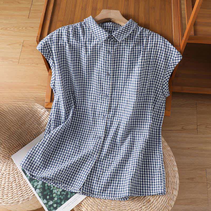 Buddha Stones Summer Casual Vintage Button-Up Plaid Women's Sleeveless Shirts Tank Top - SteelBlue - US14, UK/AU18, EU46 (2XL) - image 7